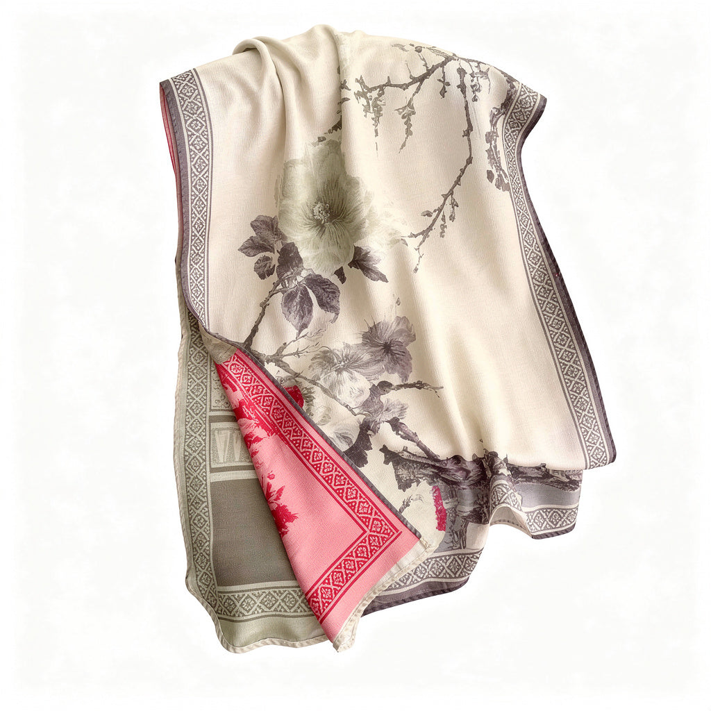 Oversized reversible printed shawl/blanket scarf with fringed hem