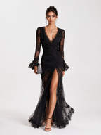 Lace V-Neck Long-Sleeve Evening Gown