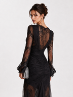 Lace V-Neck Long-Sleeve Evening Gown